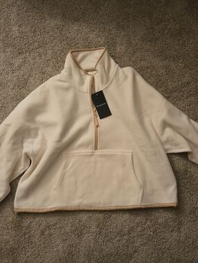 Fabletics Cream Zip-Up Fleece with Tan Trim
